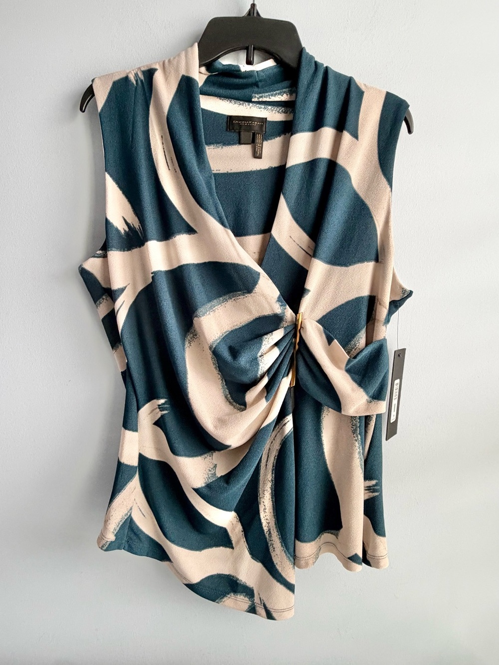 Donna Karan New York Teal & Cream Abstract Sleeveless Faux Wrap Top Size Large